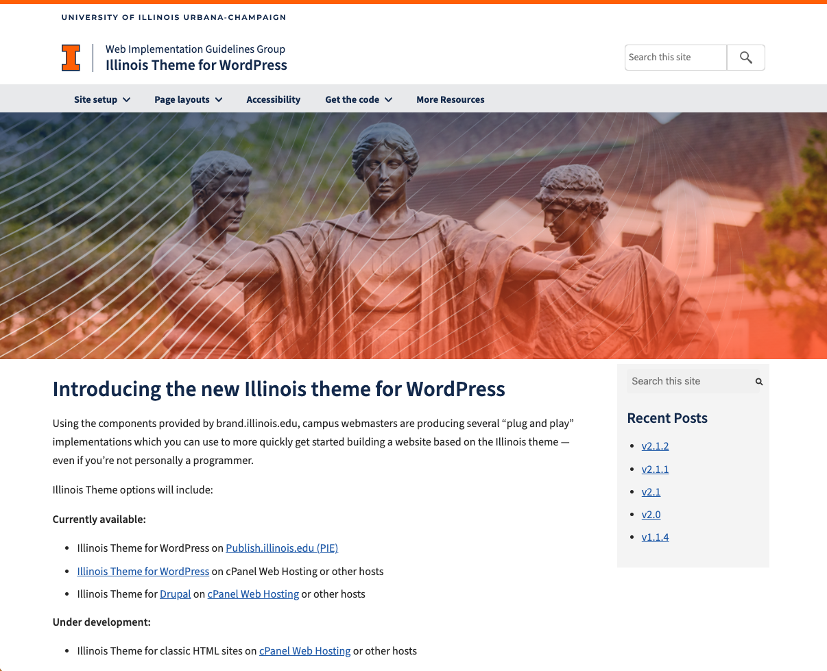 Screenshot of the homepage for the WordPress version of the Illinois Theme showing header, hero, and body content.