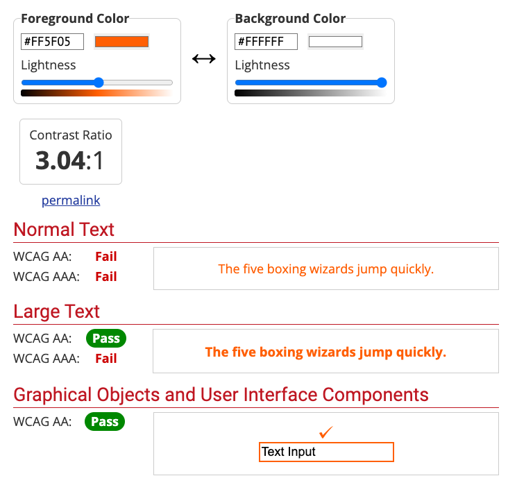 Screenshot of the WCAG website color contrast checker using illini orange on white background. 