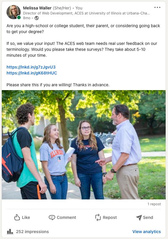 LinkedIn post inviting parents and students to take our survey