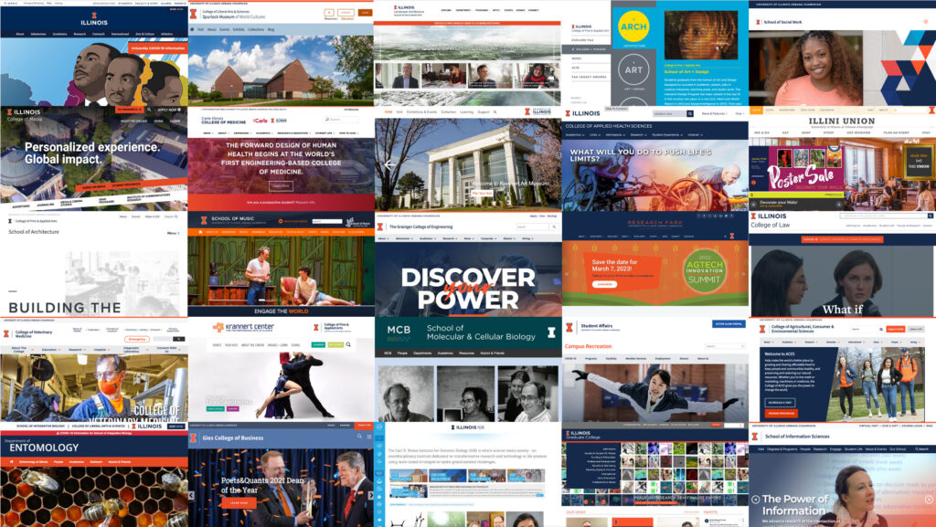 Collage of homepages across many Illinois websites showing big differences in design and branding