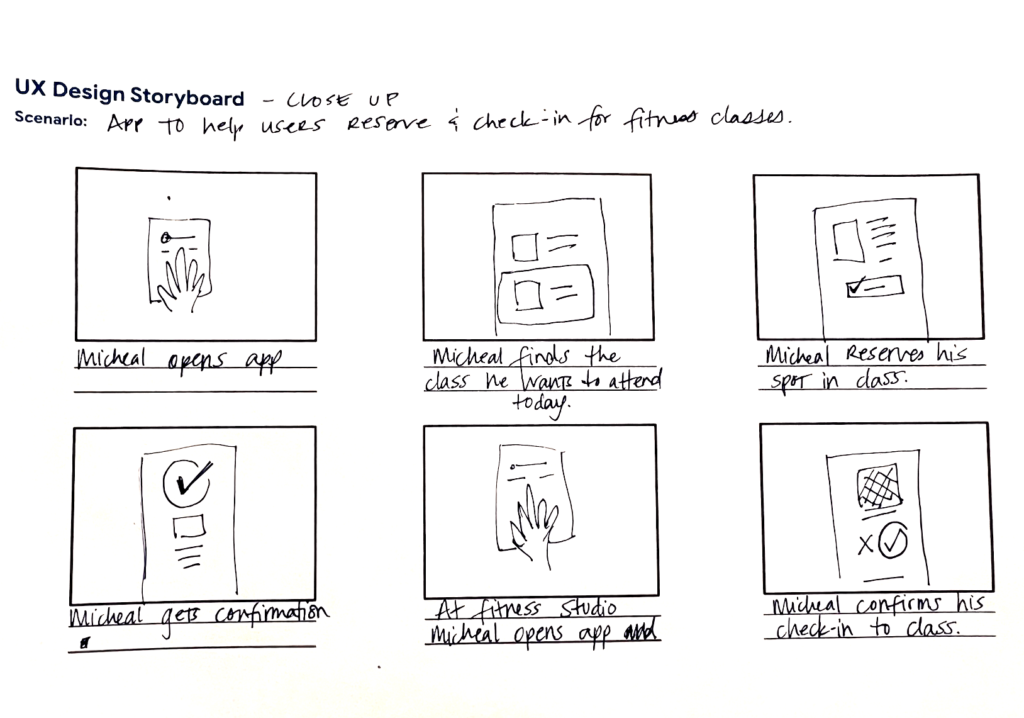 close-up storyboard for fitness app