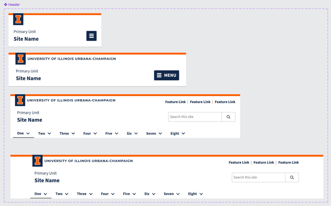 Four Illinois site headers stacked. The narrowest is a mobile bar with the block I and a hamburger control. Each one down adds more: the university wordmark, a MENU label, feature links and a site search field, and finally an eight-item navigation row. All four carry the orange rule across the top.