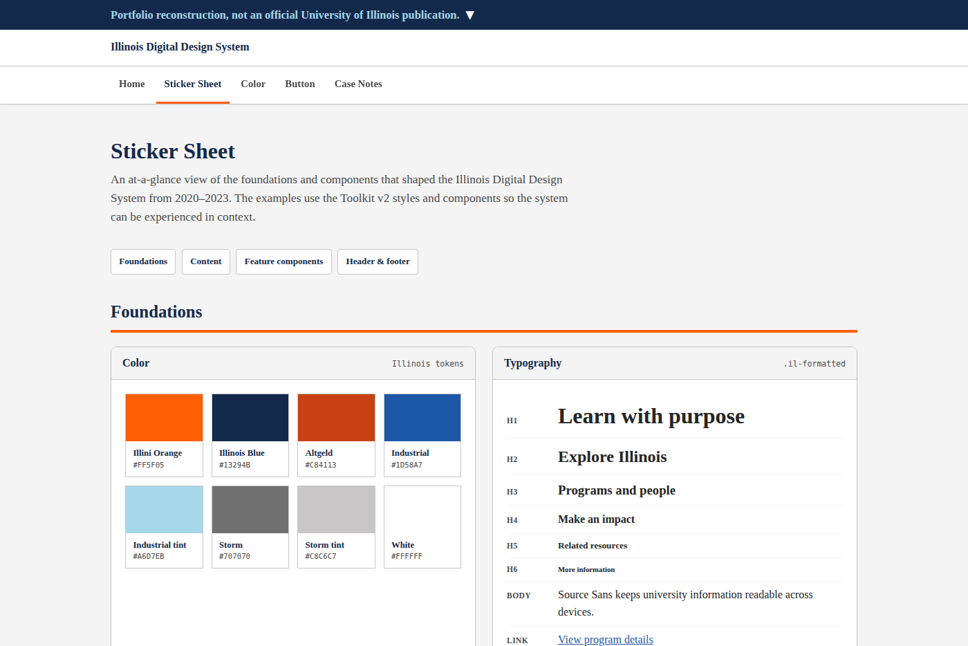 The prototype's Sticker Sheet tab, Foundations view: Illinois color tokens (Illini Orange, Illinois Blue, Altgeld, Industrial and their tints) beside the type scale from H1 through body and link styles.