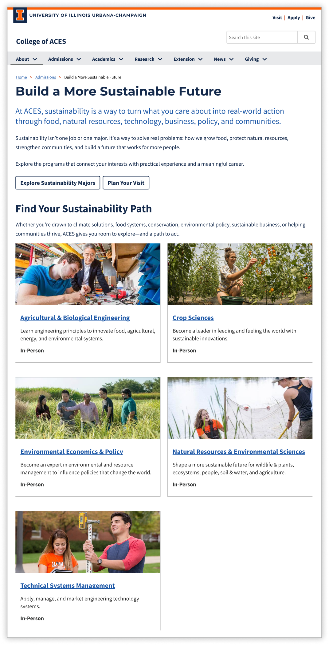 A majors-only ACES sustainability landing page built from the reusable program-record system.