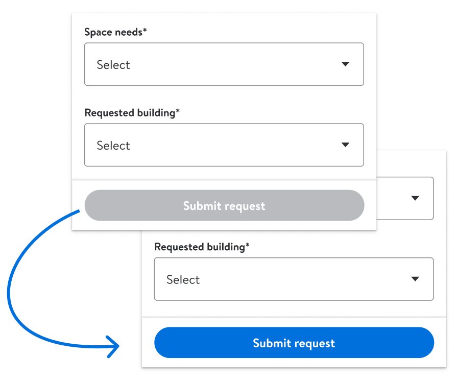 Figma screen showing a low-contrast disabled Submit request button, with an arrow to the same button in its enabled, higher-contrast state.