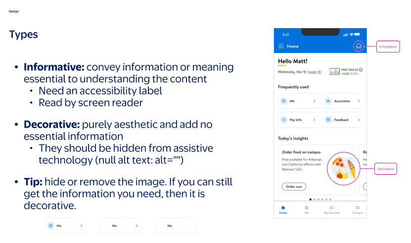 A training slide defining informative and decorative images, beside a mobile home screen with callouts marking one icon as informative and one photo as decorative.