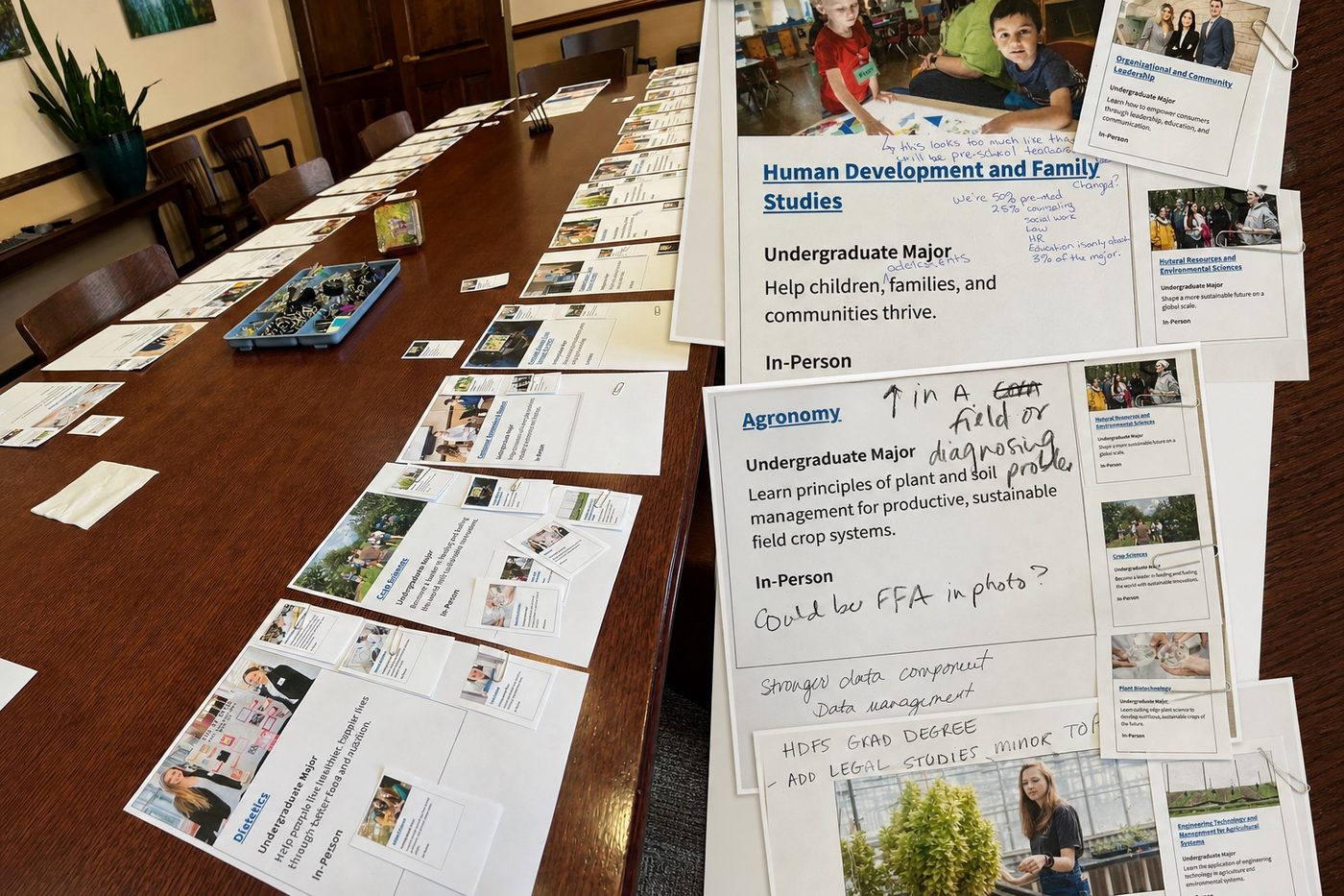 Editorial montage of the related-programs workshop, combining the full mapping table with close-ups of handwritten stakeholder notes and program cards.