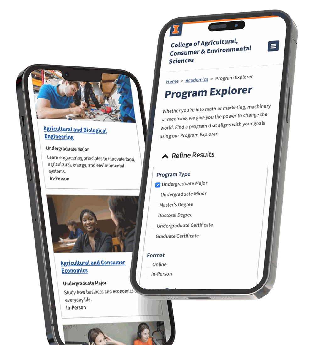 Two phone screens of the shipped Program Explorer. The front one shows the Refine Results panel open, with Program Type filters for undergraduate major, undergraduate minor, master&rsquo;s, doctoral and certificate. Behind it, the results list shows program cards, each carrying a photograph, the degree type, a one-line description and the format.