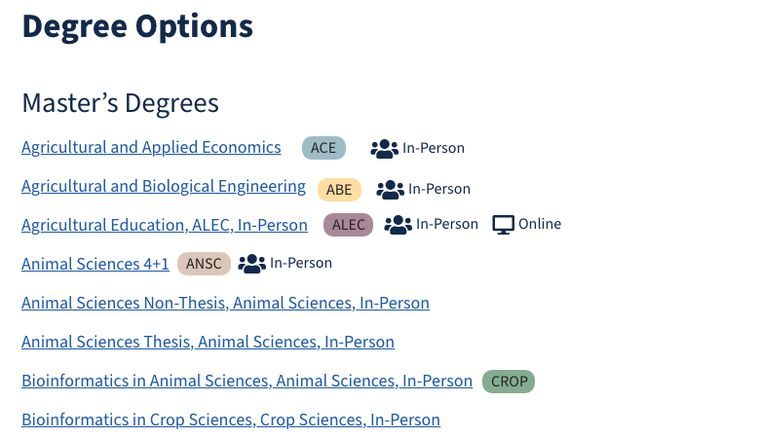 A list of degree names, each followed by a coloured department chip such as ACE or ANSC and small icons marking in-person or online.