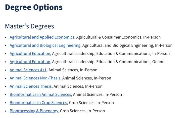 A bulleted list of degrees, each row running the program name as a link followed by its department and its format in one continuous line.