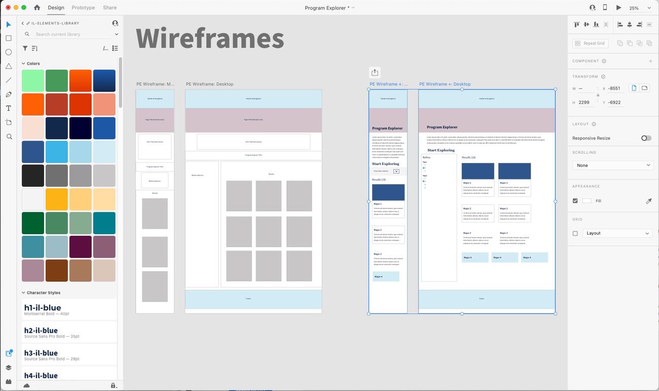 An Adobe XD workspace showing four Program Explorer wireframe artboards: mobile and desktop of a first version, then mobile and desktop of a revised version with a Refine panel and a Results count. The left panel shows the shared Illinois element library with the university colour palette and named character styles.