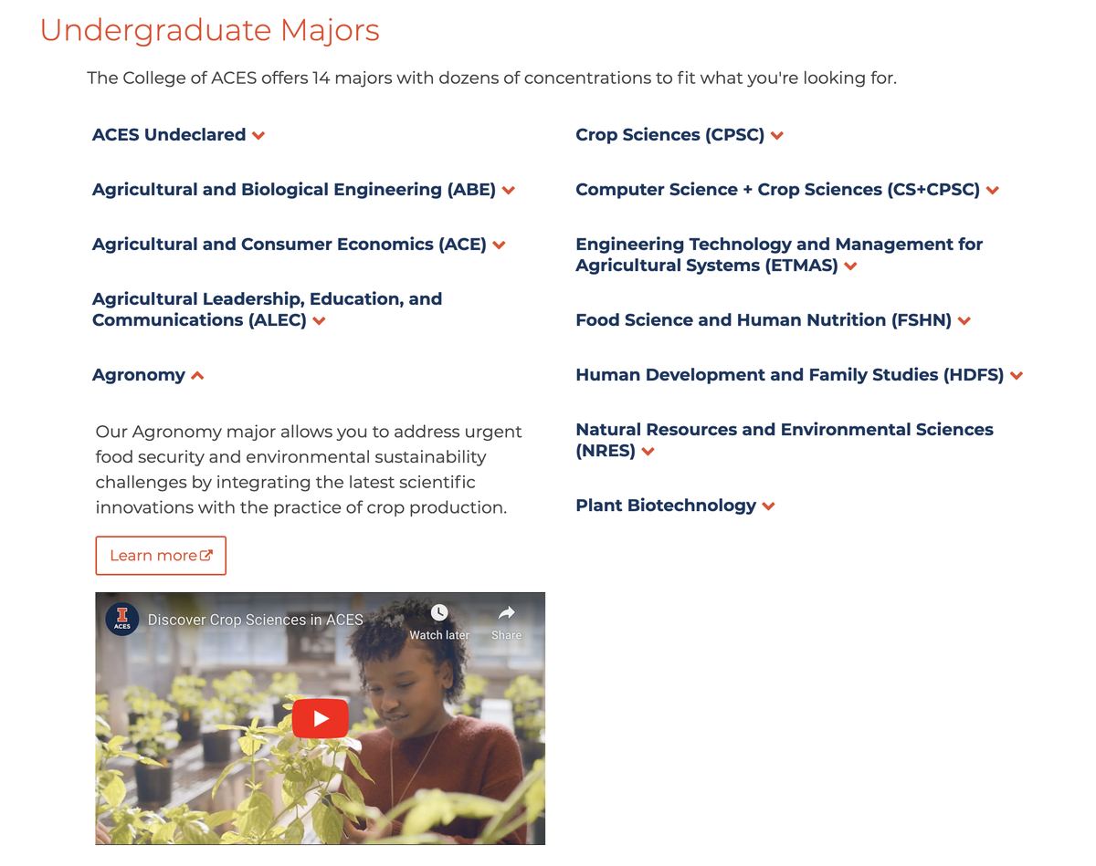 The previous ACES Undergraduate Majors page: a two-column alphabetical list of department names, each with a chevron to expand it. One entry, Agronomy, is expanded to show a short description, a Learn more button that opens an external site, and an embedded video.