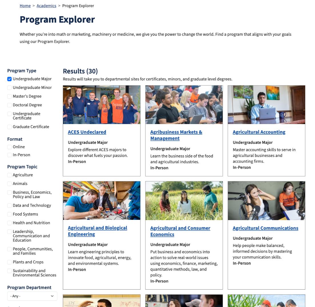 The shipped ACES Program Explorer: a left rail of filters for Program Type, Format, Program Topic and Program Department, a Results count of 30 above the grid, and program cards each carrying a photograph, the program name as a link, the degree type, a one-line description and the format.