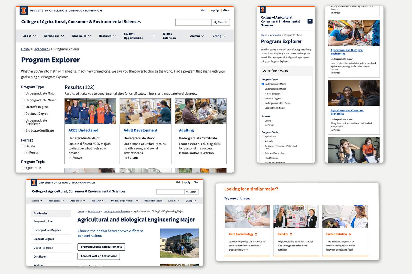 Five views of the shipped Program Explorer: the desktop view with its filter rail, result count and program cards; the same filters on a phone; a phone list of program results; the program detail page for the Agricultural and Biological Engineering major; and the related-programs module offering three similar majors.