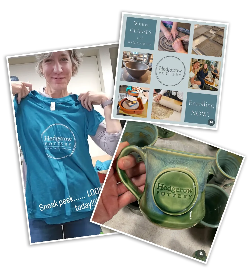 Three overlapping social posts from Hedgerow Pottery. The owner holds up a teal t-shirt printed with the round Hedgerow Pottery mark. A winter classes and workshops graphic carries the same mark at its center, over a grid of studio photographs. A hand holds a green glazed mug with the mark pressed into the clay.