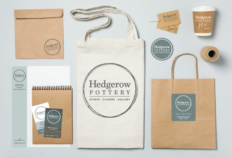 Hedgerow Pottery identity shown across packaging, a tote bag, business card, and mug mockups to demonstrate how the system can extend across marketing and merchandise contexts.
