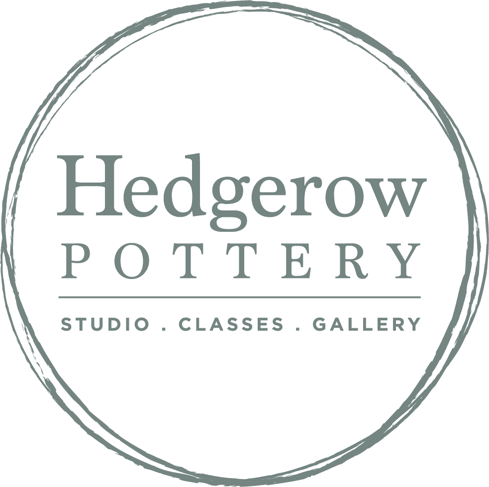 The Hedgerow Pottery mark inside a hand-drawn circle, with the tagline Studio, Classes, Gallery beneath the wordmark.