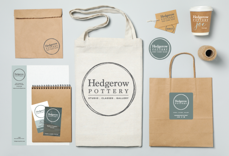 Hedgerow Pottery identity shown across packaging, a tote bag, business card, and mug mockups to demonstrate how the system can extend across marketing and merchandise contexts.