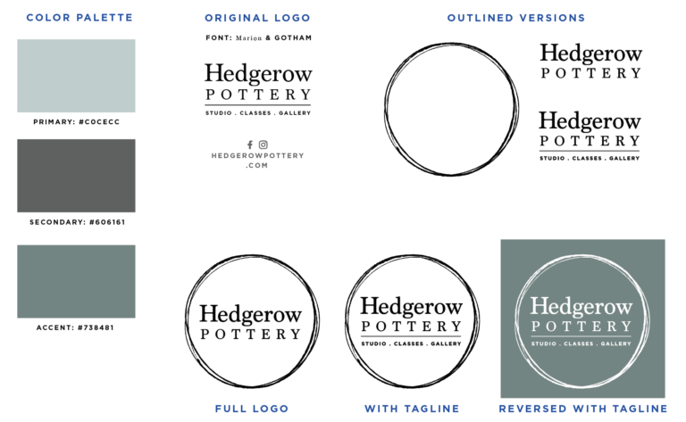 Hedgerow Pottery style guide showing logo usage, color guidance, and practical brand standards for client and vendor use.