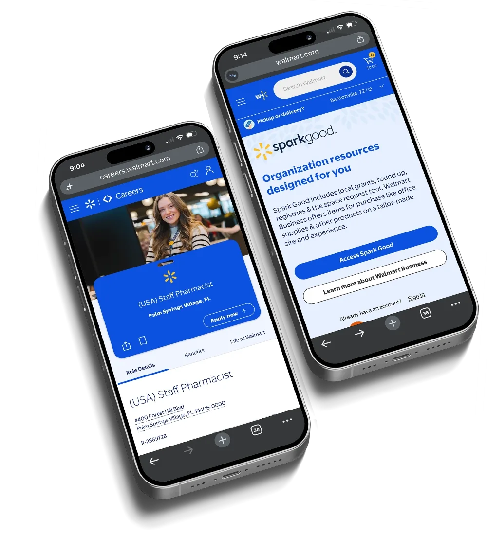 Two phones at an angle, each showing a Walmart product. On careers.walmart.com, a staff pharmacist posting with an Apply now control. On walmart.com, the Spark Good page headed "Organization resources designed for you", describing local grants and a space request tool for nonprofits.