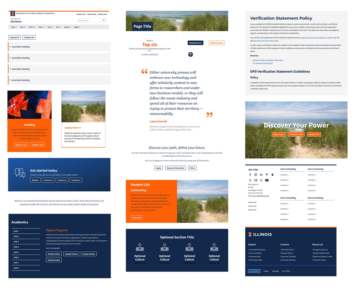 Collage of Illinois design system components, including navigation, content layouts, calls to action, and footer patterns.