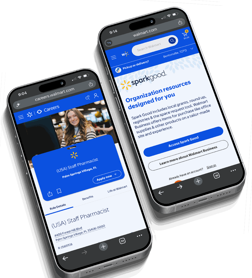 Two phones at an angle, each showing a Walmart product. On careers.walmart.com, a staff pharmacist posting with an Apply now control. On walmart.com, the Spark Good page headed "Organization resources designed for you", describing local grants and a space request tool for nonprofits.